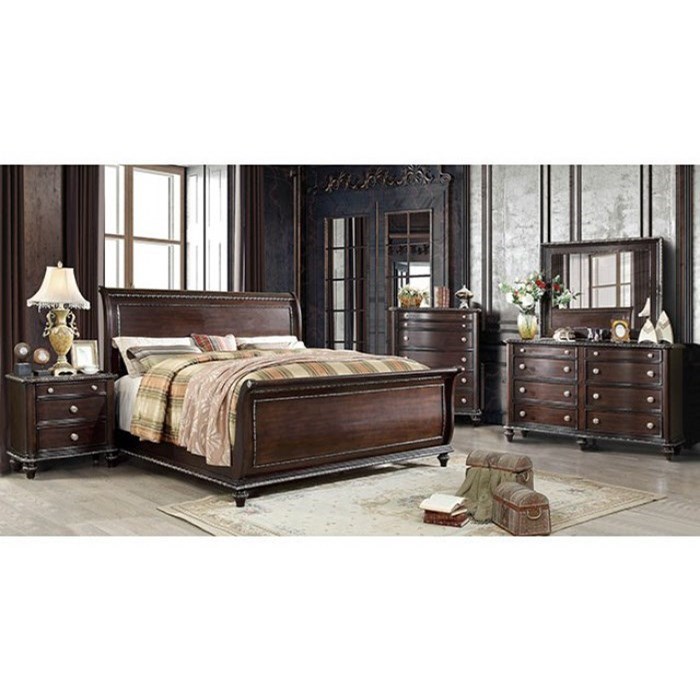Furniture Of America Europa Cm7389ck Bed Transitional Sleigh California King Bed With Carved Edge Accents Corner Furniture Sleigh Beds