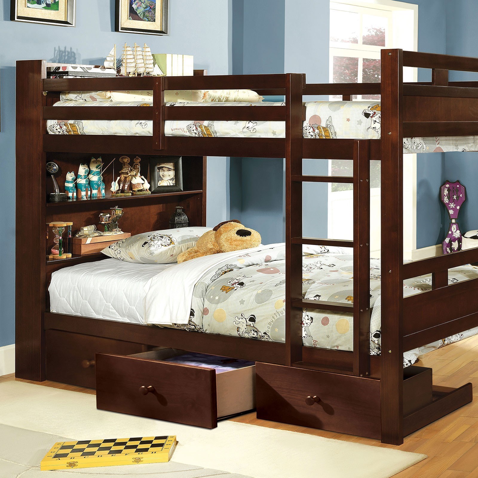 bunk bed with bookshelf