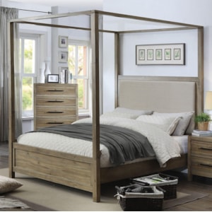 Furniture Of America Foa Garland Cm7356q Bed Vintage Queen Size Weathered Oak Canopy Bed With Beige Fabric Headboard Del Sol Furniture Canopy Beds