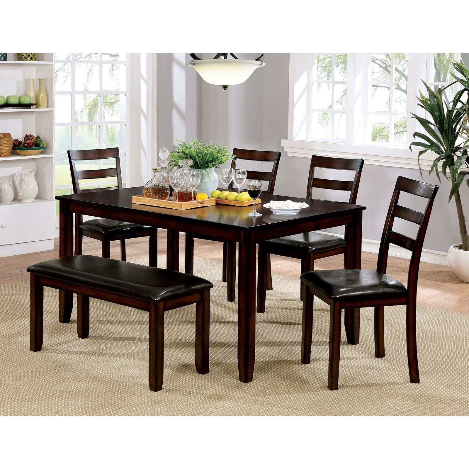 Gloria Casual 6 Piece Dining Set With Bench And Faux Leather Seats