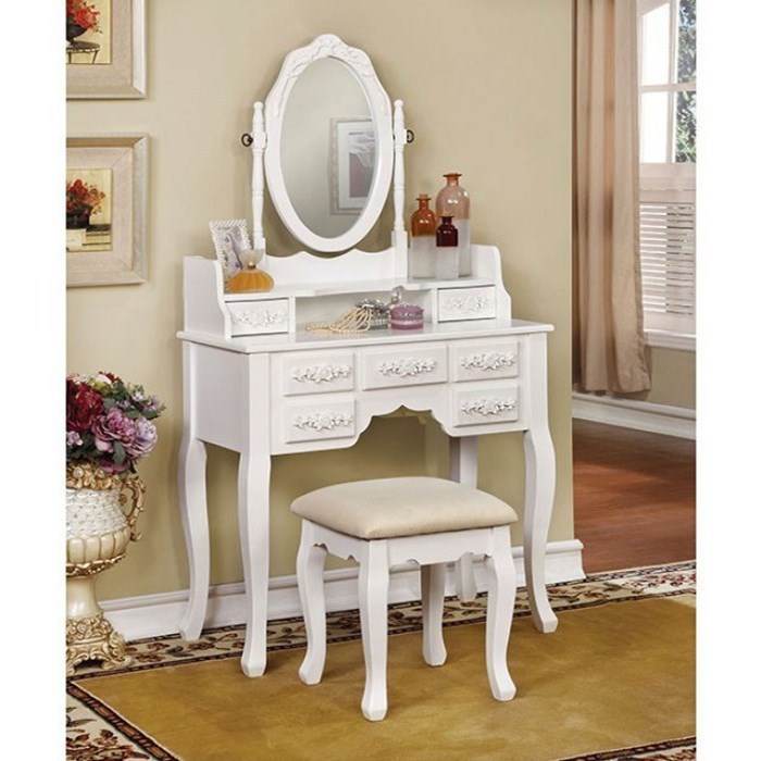 Furniture Of America Foa Harriet Cm Dk6845wh Traditional Vanity And Stool Set Del Sol Furniture Vanities Vanity Sets