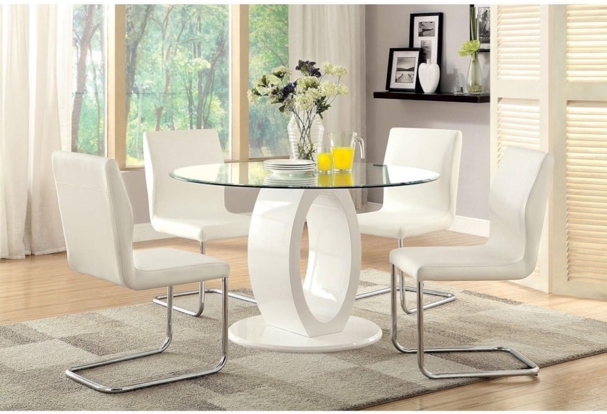 Lodia I Contemporary 5 Piece Dining Set With Round Glass Table