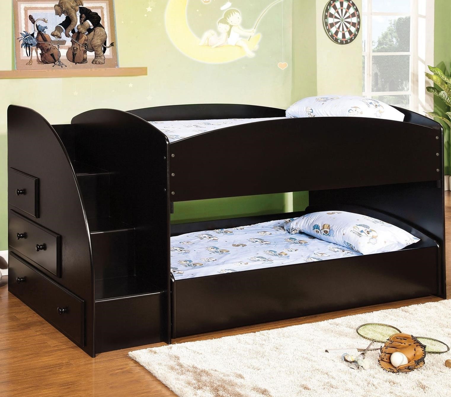 twin bunk beds with stairs and storage