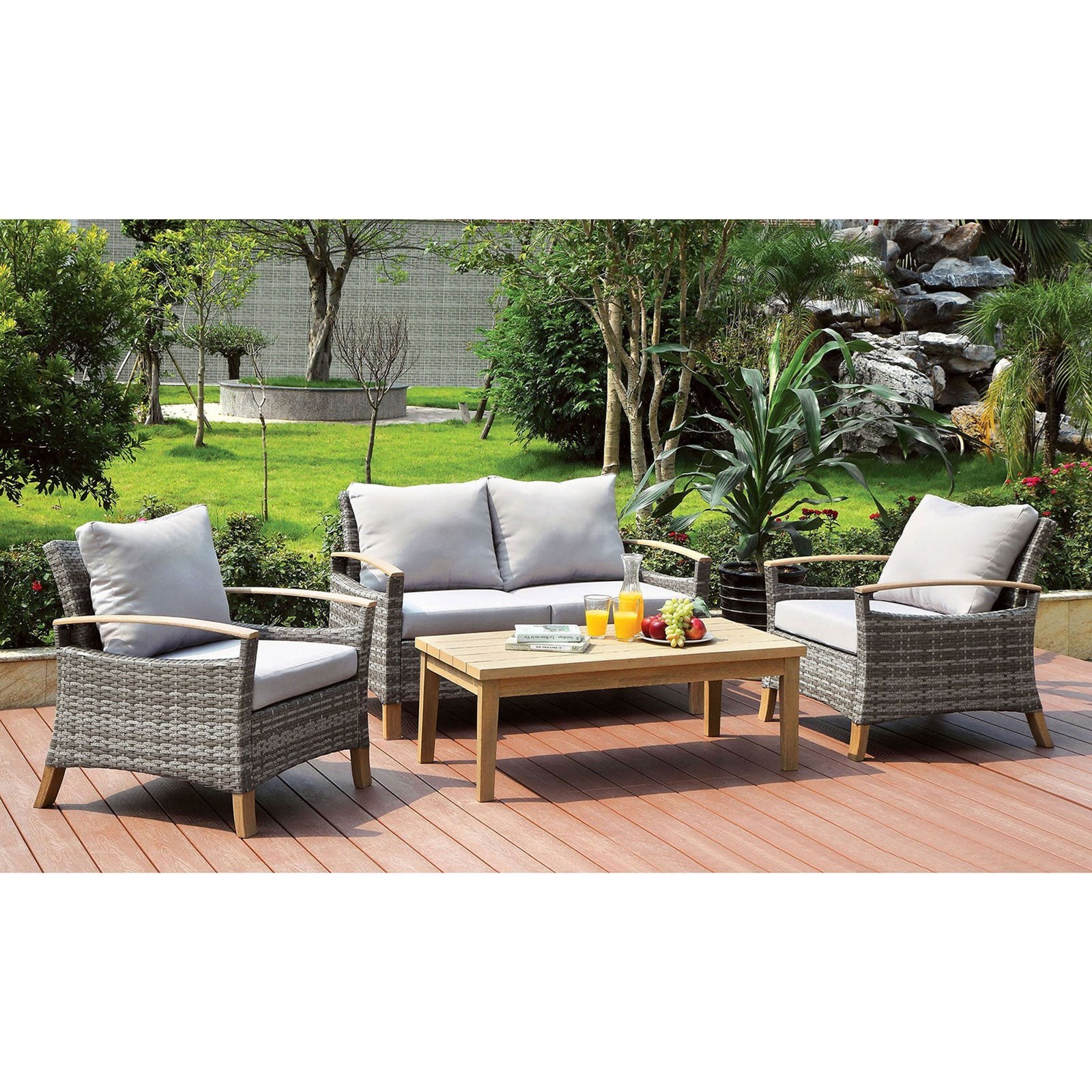 Furniture Of America Foa Monica Cm Os2586 Set Contemporary Patio Chat Set With Two Tone Gray And Oak Finish Del Sol Furniture Outdoor Conversation Sets Outdoor Chat Sets