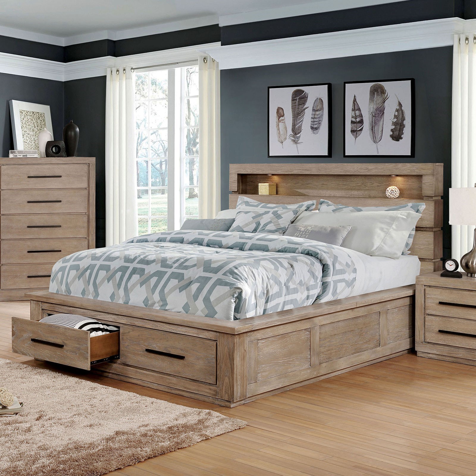 Furniture Of America Oakburn Cm7048nt Ck Bed Transitional California King Storage Bed With 2 Footboard Drawers And Open Shelf Nassau Furniture And Mattress Panel Beds