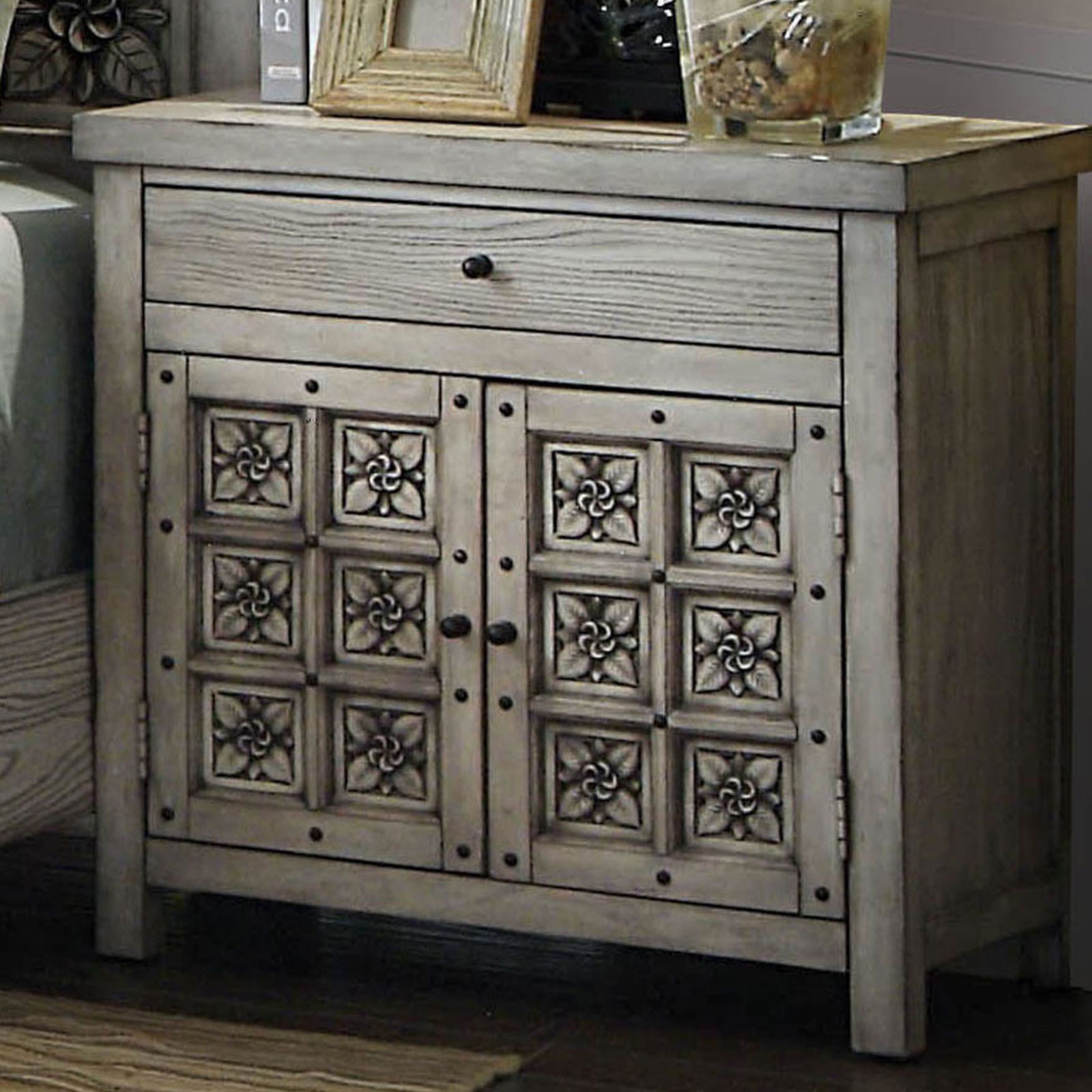Pantaleon Transitional Nightstand With Floral Inlay Design