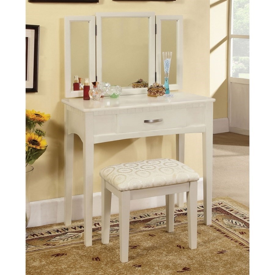 Potterville Transitional Vanity Table With Padded Stool And Tri Fold Mirror Household Furniture Vanities Vanity Sets