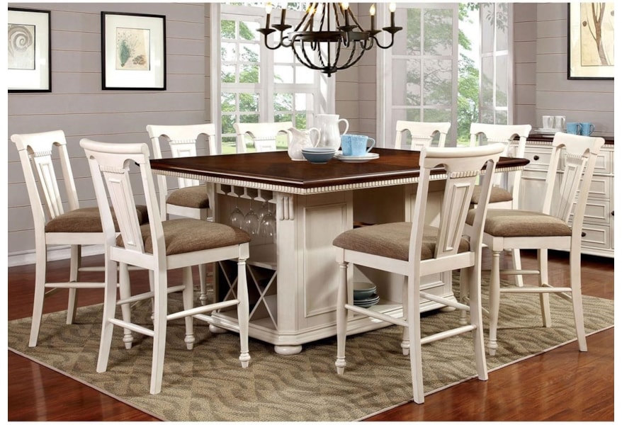 Furniture Of America Sabrina Cottage 9 Piece Counter Height Dining Set With Shelving And Storage Dream Home Interiors Pub Table And Stool Sets