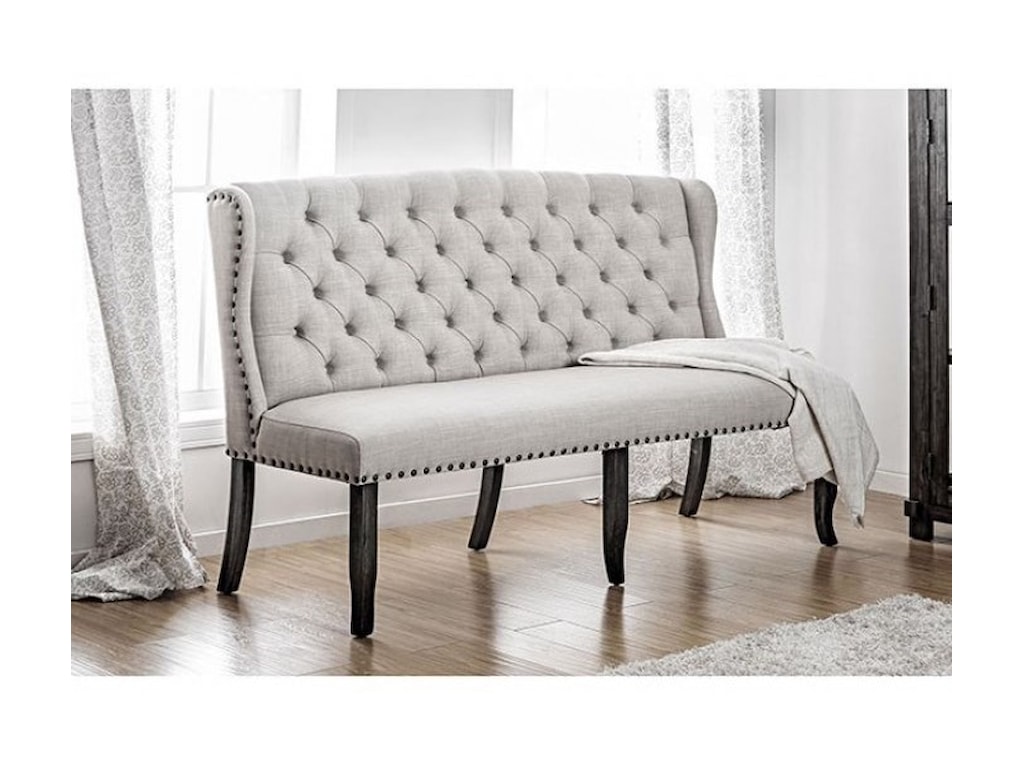 Sania I Transitional 3 Seater Upholstered Bench With Tufted Back