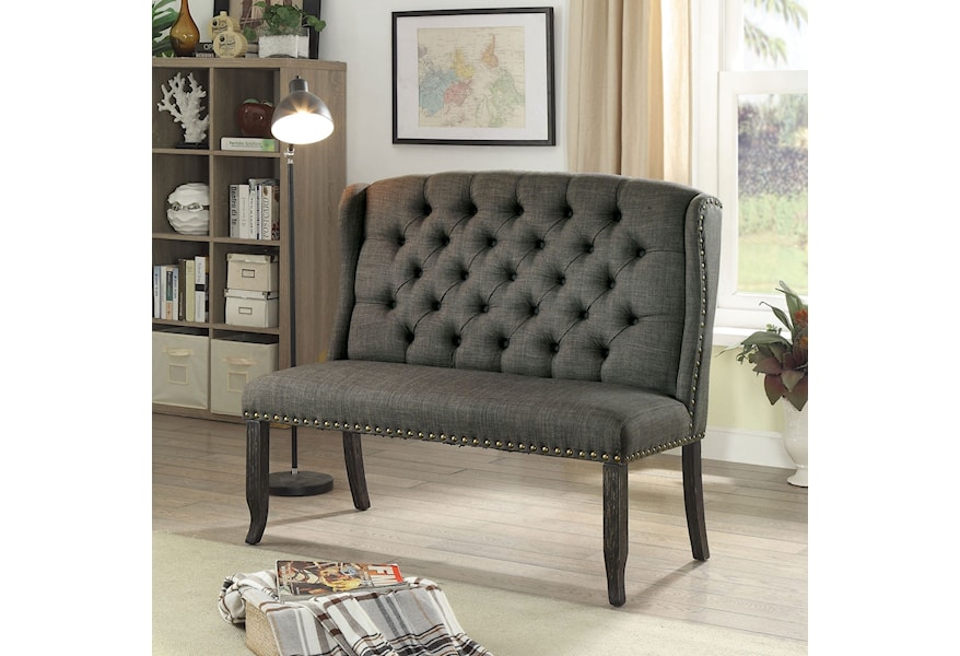 Furniture Of America Sania Iii Cm3324bk Gy Bn Transitional Upholstered Love Seat Bench With Tufted Back And Nailhead Trim Corner Furniture Dining Benches