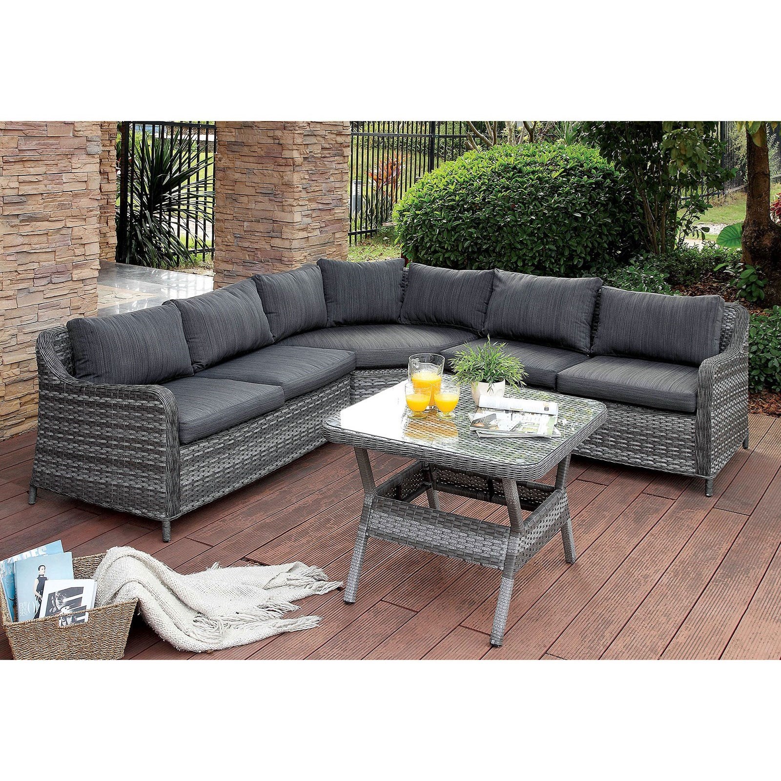 Furniture Of America Selina Cm Os2588 Set Outdoor Two Tone Wicker Sectional Sofa With Square Glass Top Table Set Corner Furniture Outdoor Sectional Sofa Groups