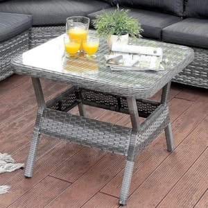 Selina Square Small Scale Patio Cocktail Table With Two Tone Wicker And Glass Top Household Furniture Outdoor Cocktail Coffee Tables