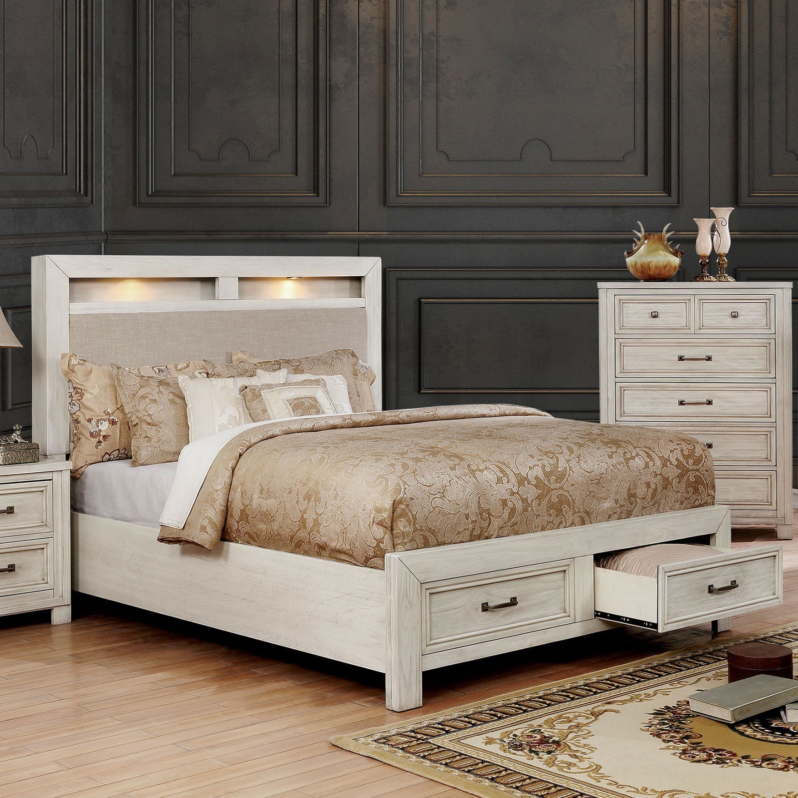 Furniture Of America Tywyn Cm7365wh Ek Bed Transitional King 2 Drawer Storage Bed With Upholstered Headboard And Led Touch Lights Nassau Furniture And Mattress Panel Beds