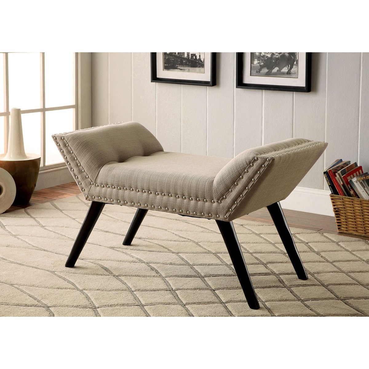 Wesby Modern Accent Bench Chair Seat Nailhead Trim Flax Fabric Black Wood Legs