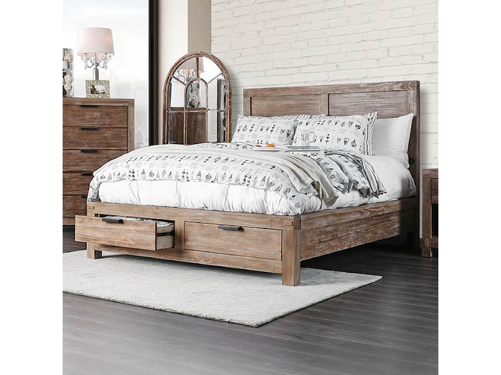 Wynton Rustic Eastern King Bed With 2 Footboard Storage Drawers