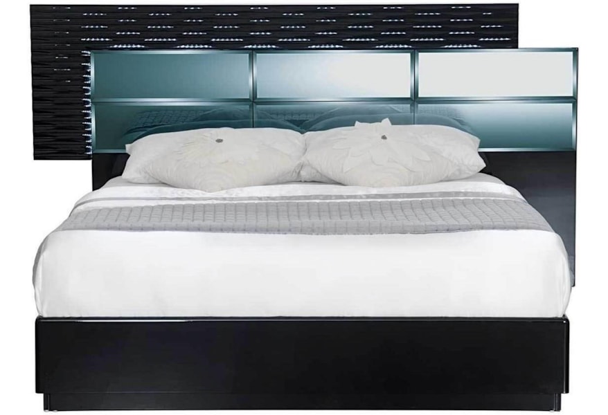 Global Furniture Manhattan Queen Bed With Mirrored Headboard And Led Lighting Value City Furniture Platform Beds Low Profile Beds Queen Bed Frame With Mirror