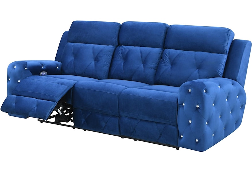 Global Furniture U8311 U8311 Blue Velvet Prs Transitional Power Reclining Sofa With Rhinestone Tufting And Usb Charging Port Corner Furniture Reclining Sofas