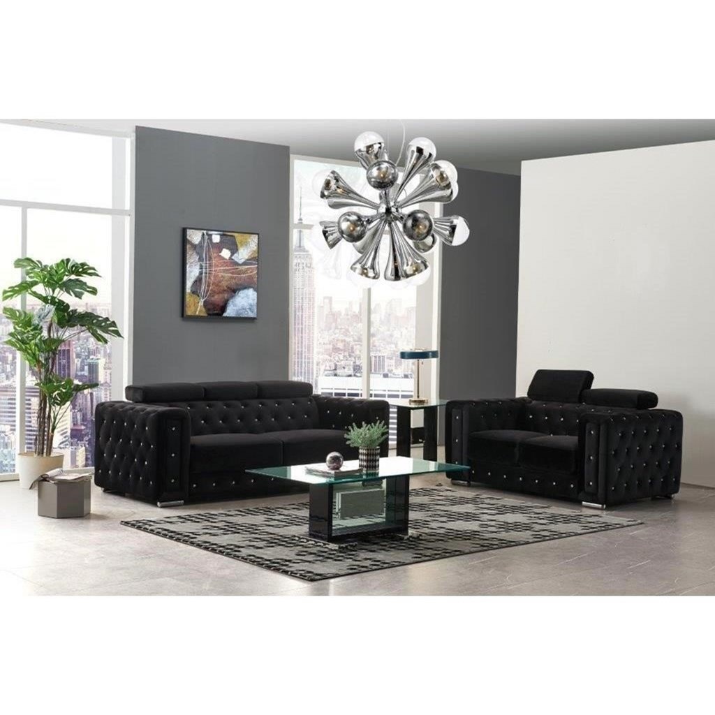 Global Furniture Ufm365 Ufm365 Black Velvet F180 50 S Glam Contemporary Sofa With Jewel Tufting And Adjustable Headrests Corner Furniture Sofas