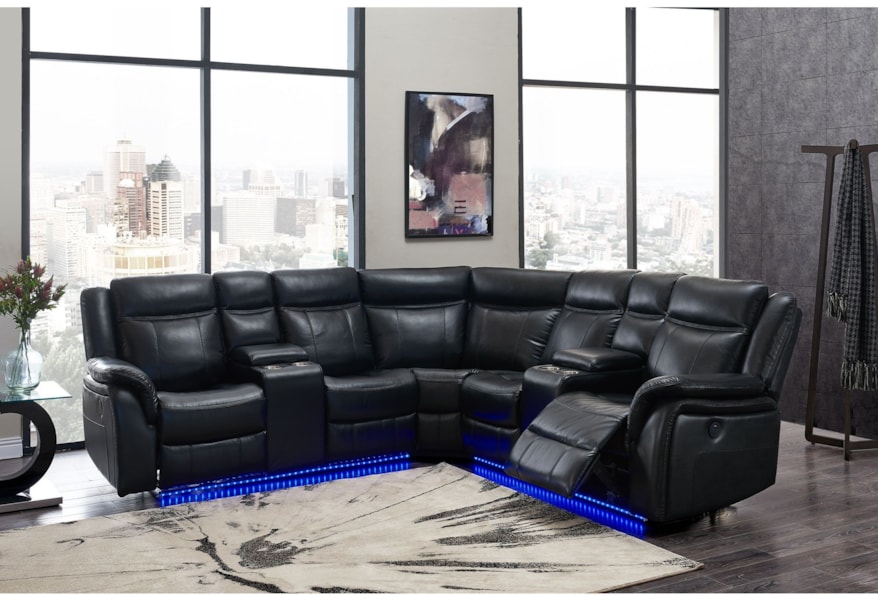 Global Furniture Um02 Casual Power Reclining Sectional Sofa With Storage Console Cup Holders And Led Lighting Value City Furniture Sectional Sofas