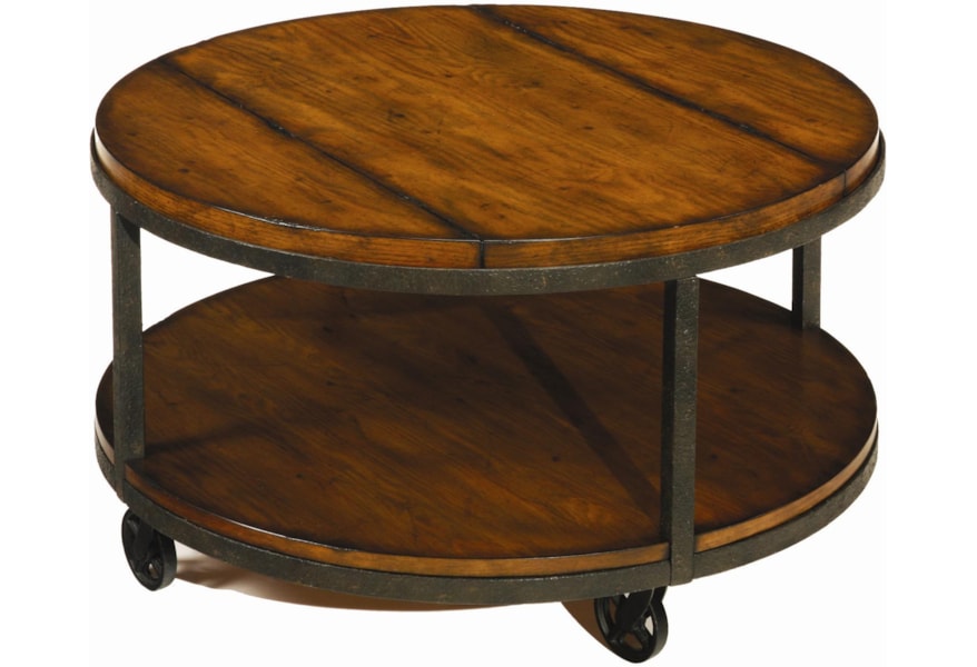Hammary Baja Round Cocktail Table With Shelf And Wheels Stoney Creek Furniture Cocktail Coffee Tables