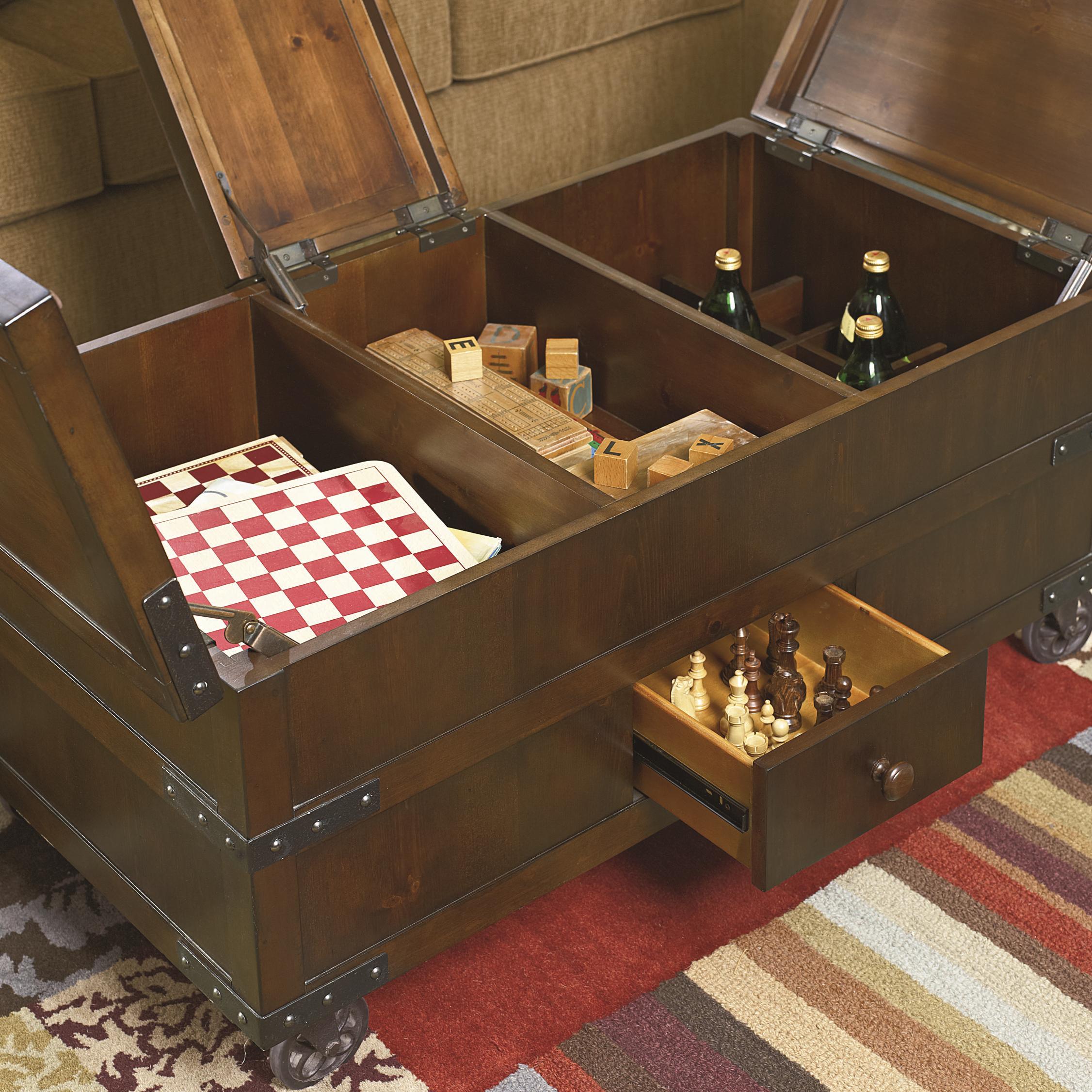 Hammary Hidden Treasures Trunk Cocktail Table With 3 Lift Tops And