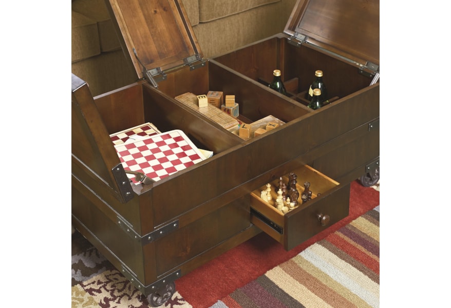 Hammary Hidden Treasures Trunk Cocktail Table With 3 Lift Tops And