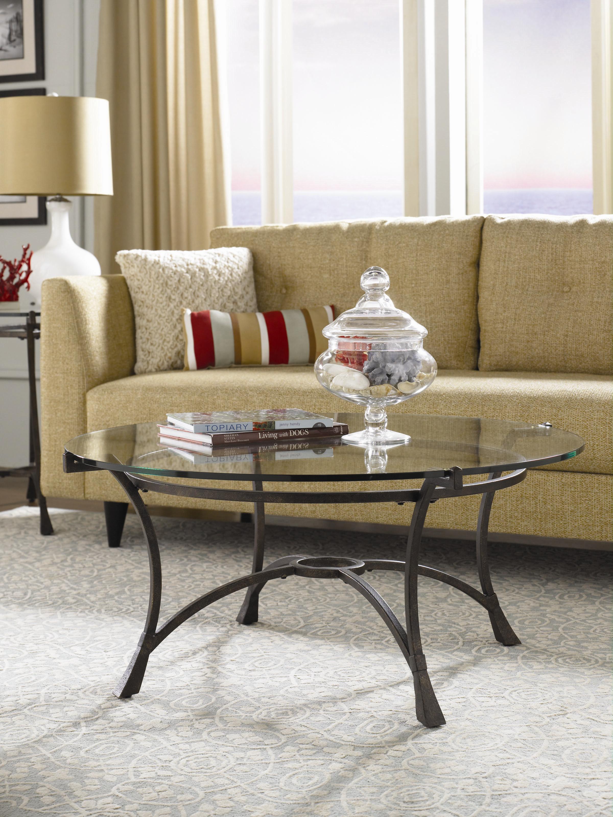 Hammary Sutton Contemporary Metal Round Cocktail Table with Glass Top Darvin Furniture