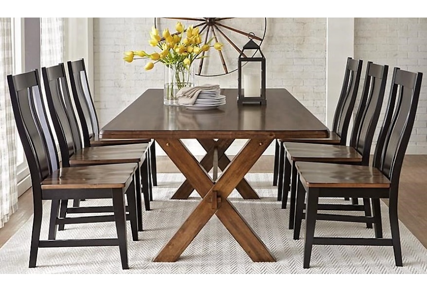 Warehouse M 9108 9108 Xb 9109 884 4x9109 212 7 Piece Solid Wood Dining Table With X Base Trestle Pilgrim Furniture City Dining 7 Or More Piece Sets