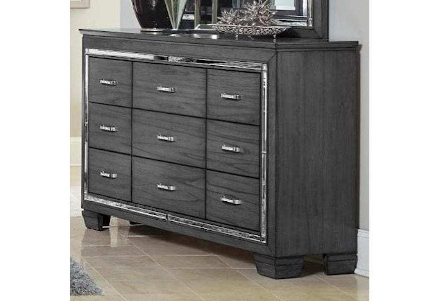 Homelegance Allura Glam Nine Drawer Dresser With Beveled Mirror Accent Lindy S Furniture Company Dressers