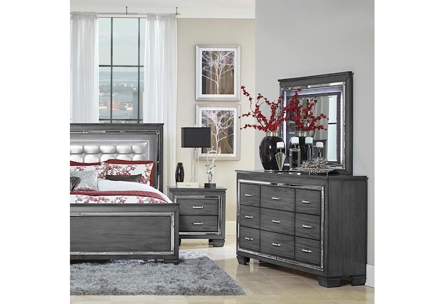 Homelegance Allura Glam Nine Drawer Dresser With Beveled Mirror Accent Lindy S Furniture Company Dressers