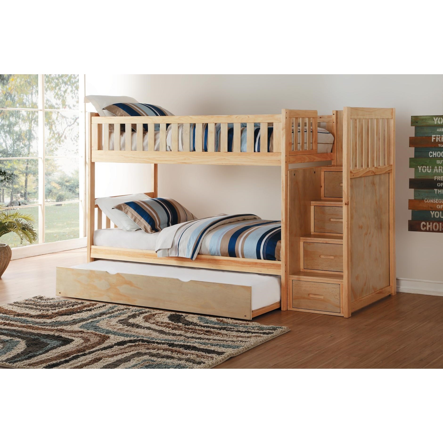 Homelegance Bartly Casual Twin Over Twin Bunk Bed With Trundle And Reversible Step Storage Lindy S Furniture Company Bunk Beds