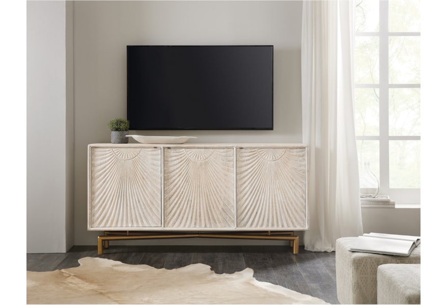 Hooker Furniture Living Room Accents Light Distressed Wood 3 Door Tv Stand With Bronze Base Accommodates 70 Inch Tv Stoney Creek Furniture Tv Stands