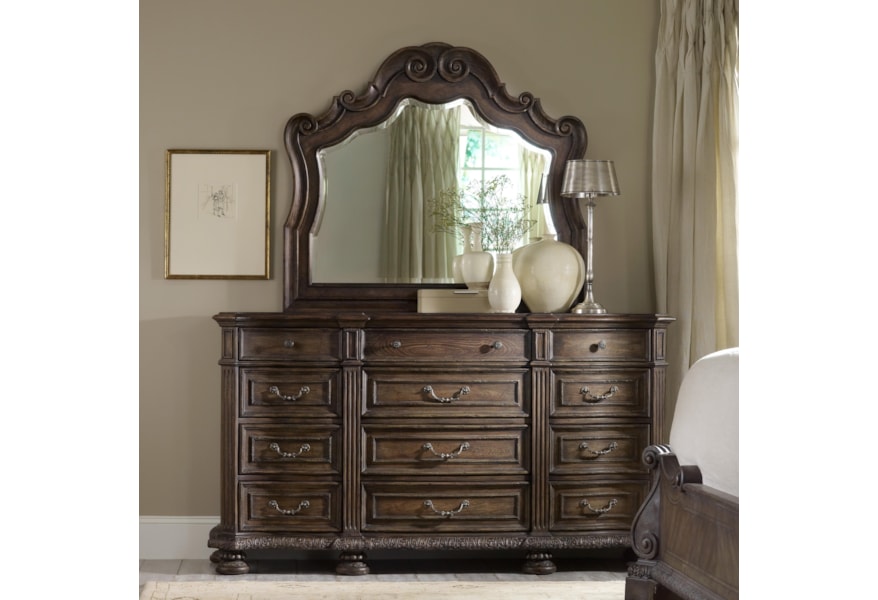 Rhapsody Twelve Drawer Dresser And Mirror Set With Fluted Columns
