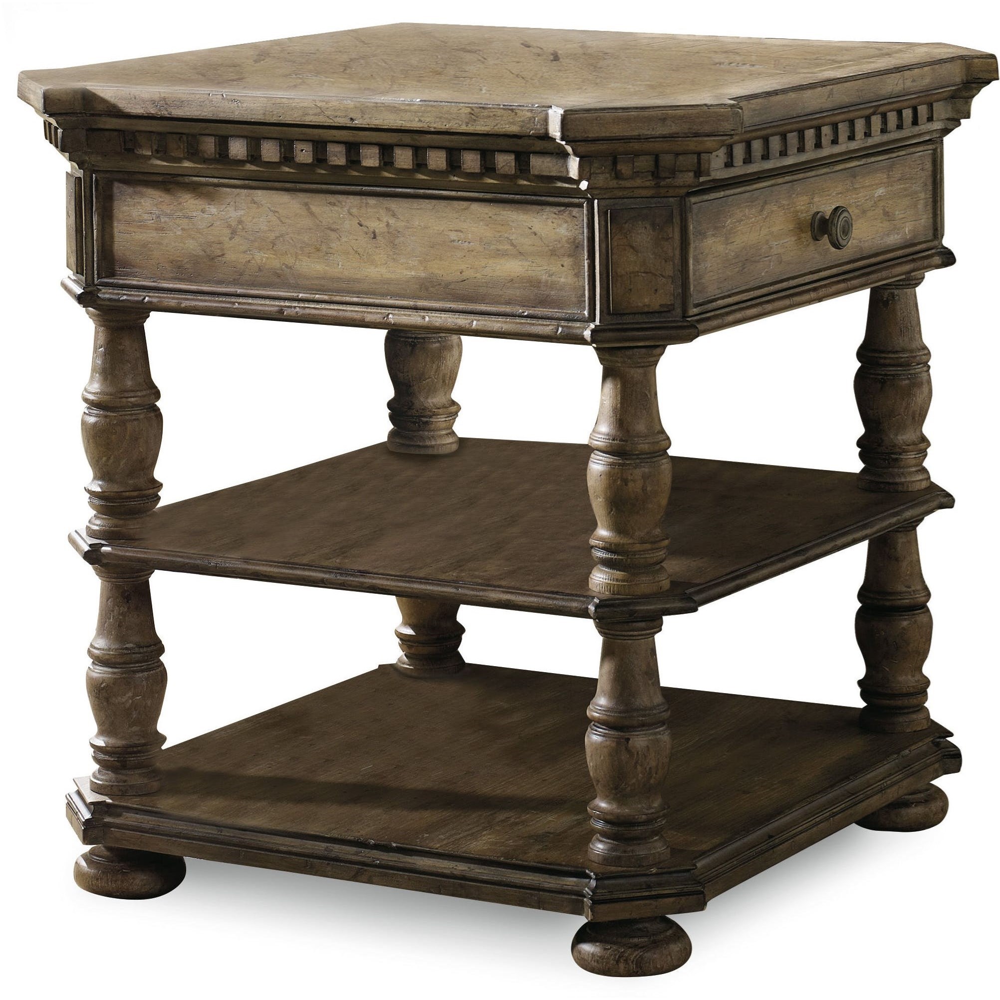 Hooker Furniture Sorella Square End Table With 1 Drawer And 2 Shelves Turned Posts And Dentil Molded Apron Lindy S Furniture Company End Tables