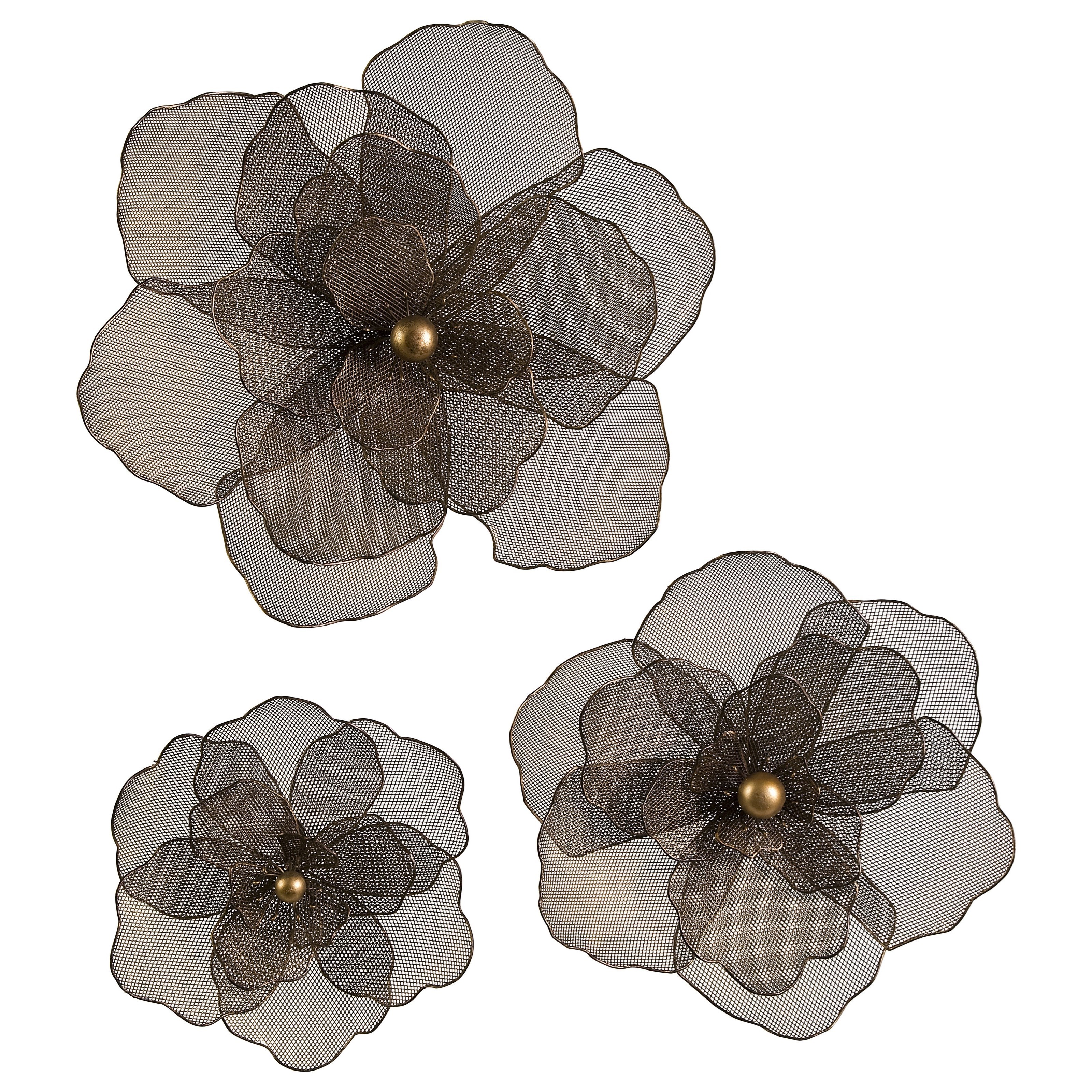 Imax Set Of 3 Wire Flower Gold Silver Finish Metal Iron Wall Decor