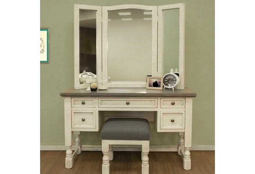 International Furniture Direct Stone Relaxed Vintage Vanity Mirror And Stool Set Furniture Superstore Rochester Mn Vanities Vanity Sets