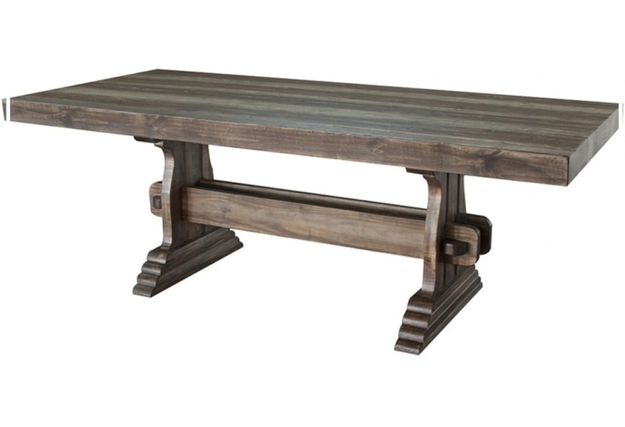 Marquez Dining Table With Trestle Base By International Furniture Direct At And Liancemart The Antique Rectangular Dining Table By International Furniture Direct Features Solid Pine Wood Iron Trim With Hand Lied Nailheads And An