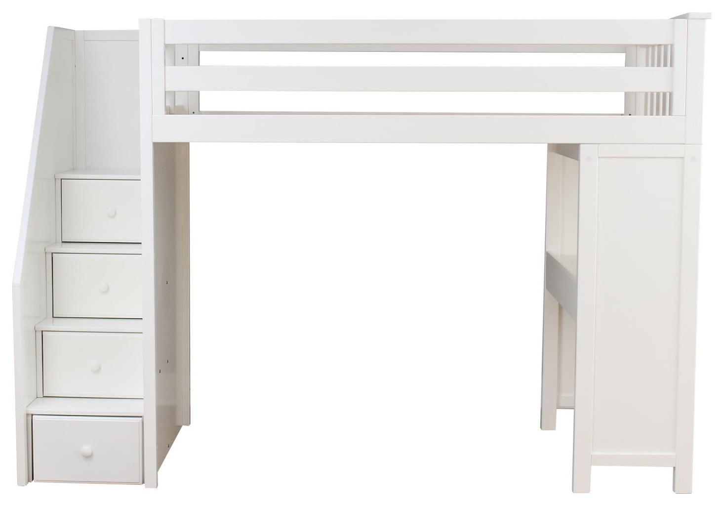 white loft bed with desk and stairs