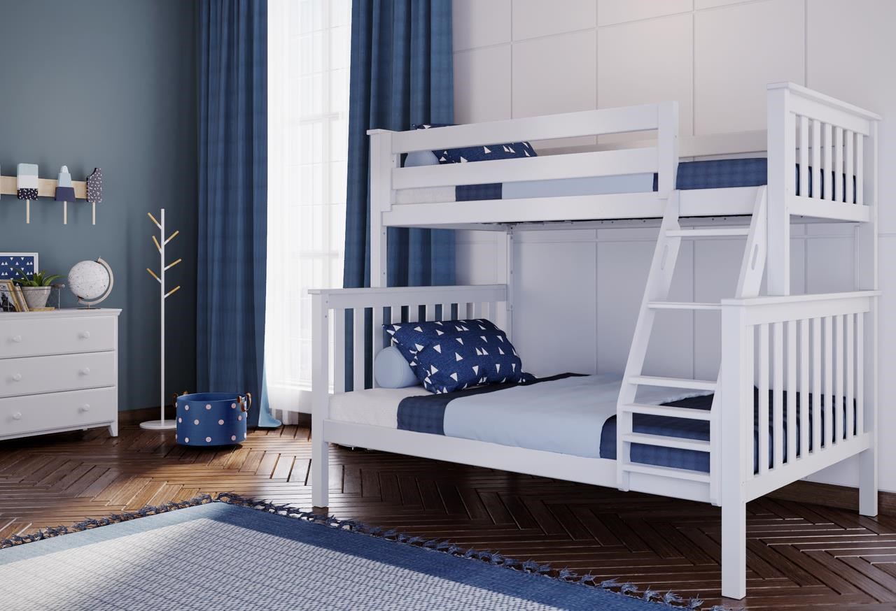 grey and white bunk beds