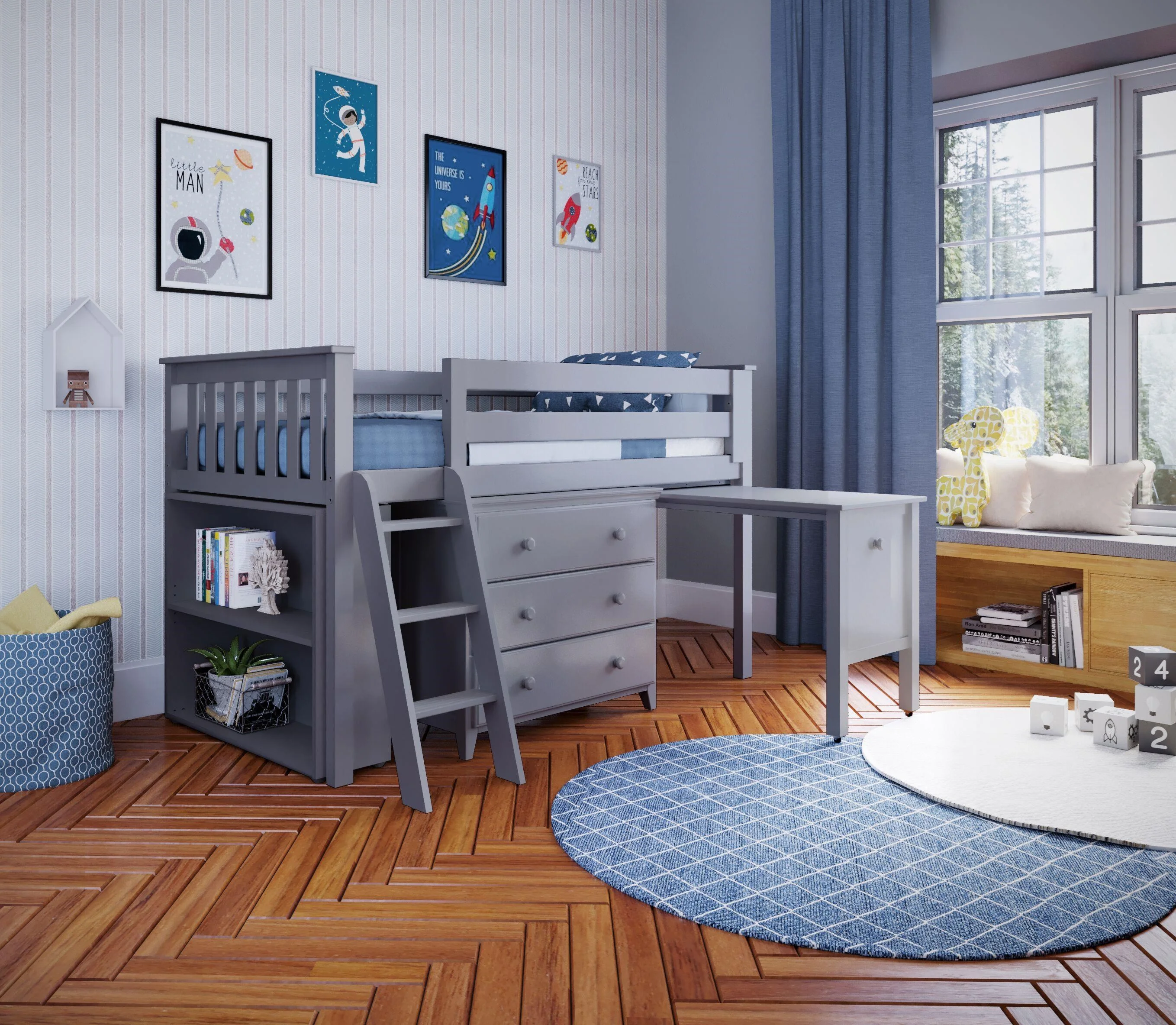 Jackpot Kids Loft Beds Windsor2-121 Windsor Twin Low Loft Bed Set w/ 3  Drawer Dresser, 2 Shelf Bookcase, Pull out Desk in Gray | Belfort Furniture  | Bed - Bunk Bed, image size:2717x2367