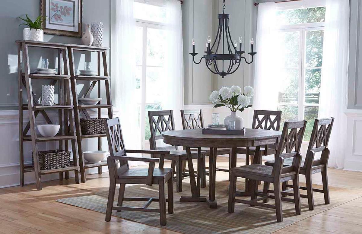 Kincaid Furniture Foundry Rustic Round Weathered Gray Dining Table With Extension Leaf Howell Furniture Kitchen Tables