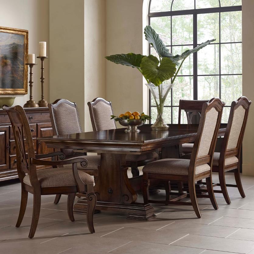 Kincaid Furniture Portolone Seven Piece Trestle Table Upholstered Side Chair And Harp Back Chair Set Reid S Furniture Dining 7 Or More Piece Sets