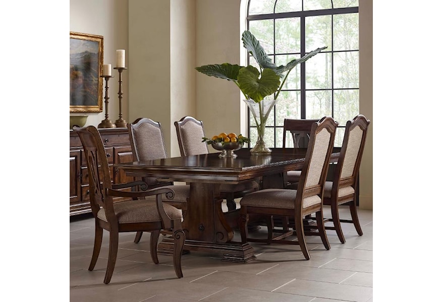 Kincaid Furniture Portolone Seven Piece Trestle Table Upholstered Side Chair And Harp Back Chair Set Reid S Furniture Dining 7 Or More Piece Sets