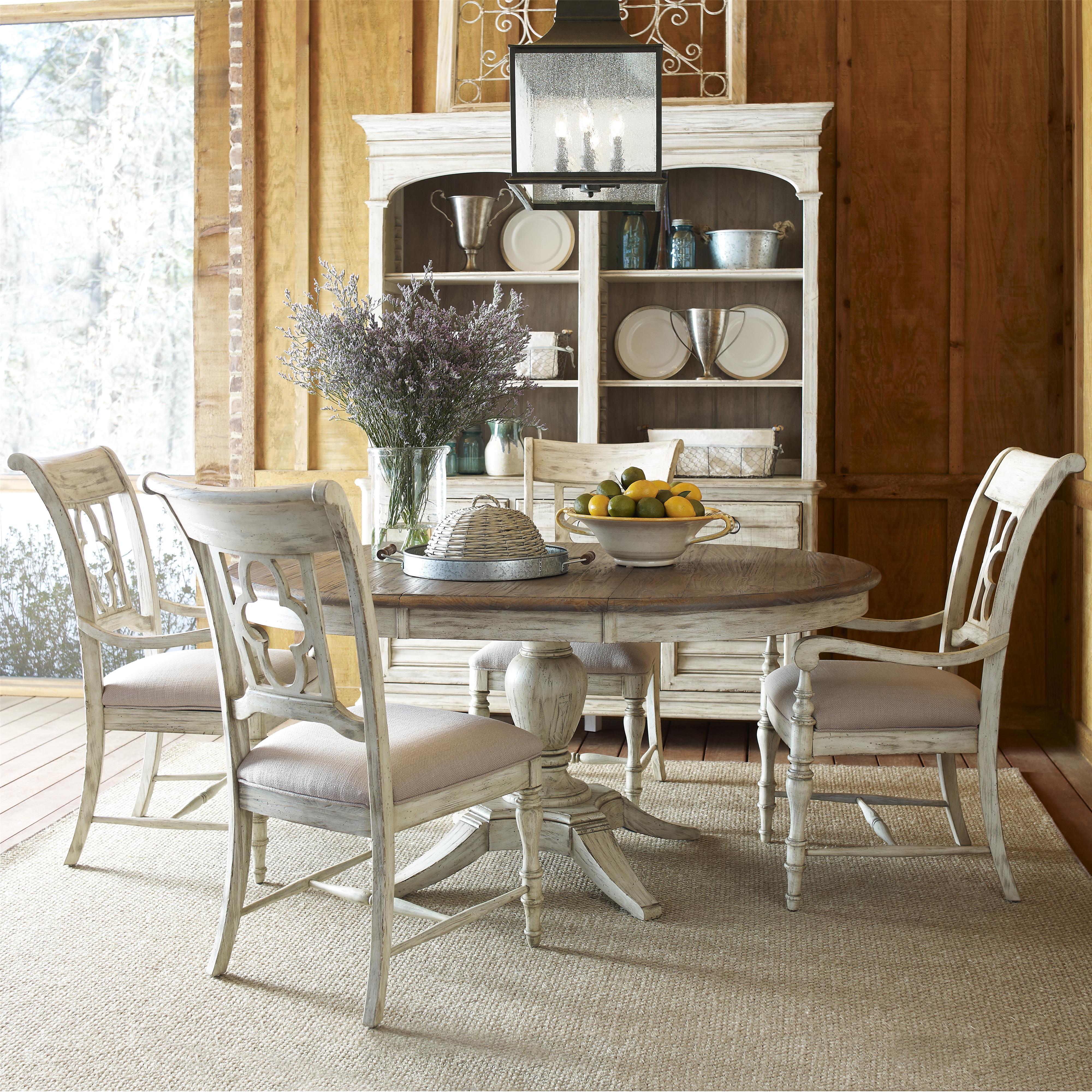 Weatherford 5 Piece Dining Set With Pedestal Table And Quatrefoil Back Chairs Stoney Creek Furniture Dining 5 Piece Sets