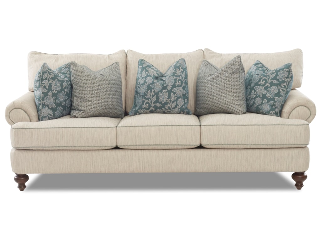 Klaussner Ashworth D95200 Traditional Upholstered Sofa With T Shaped Klaussner Ashworth D95200 Traditional Upholstered Sofa With T Shaped Down Cushions Rolled Arms And Turned Legs Novello Home Furnishings Sofas