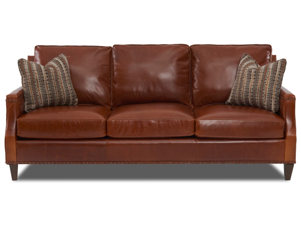 Bond Transitional Leather Sofa With Nailhead Studs And Toss Pillows By Klaussner At Efo Furniture Outlet