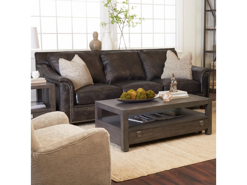 Klaussner Wilkesboro Leather Sofa With Nailhead Studs And Pillows Klaussner Wilkesboro Leather Sofa With