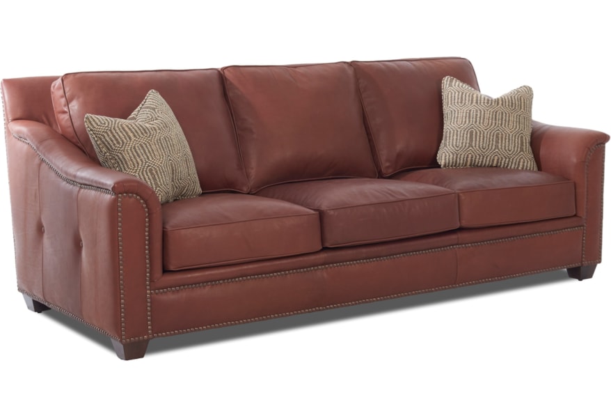 Klaussner Wilkesboro Leather Sofa With Nailhead Studs And Pillows Klaussner Wilkesboro Leather Sofa With