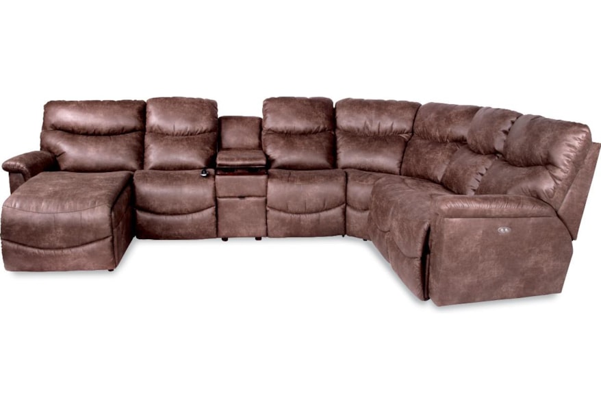 La Z Boy James Six Piece Power Reclining Sectional With Ras Chaise And One Power Tilt Headrest Chair Lindy S Furniture Company Reclining Sectional Sofas