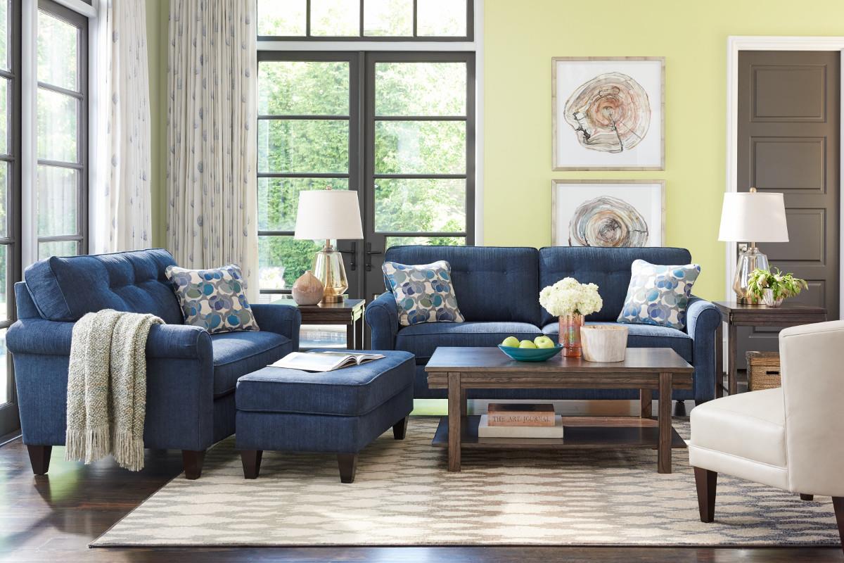 La Z Boy Laurel Rolled Arm Chair And A Half Conlin S Furniture Chair A Half A large blue upholstered ottoman that matches the sofa is a way to add more coziness. la z boy laurel rolled arm chair and a